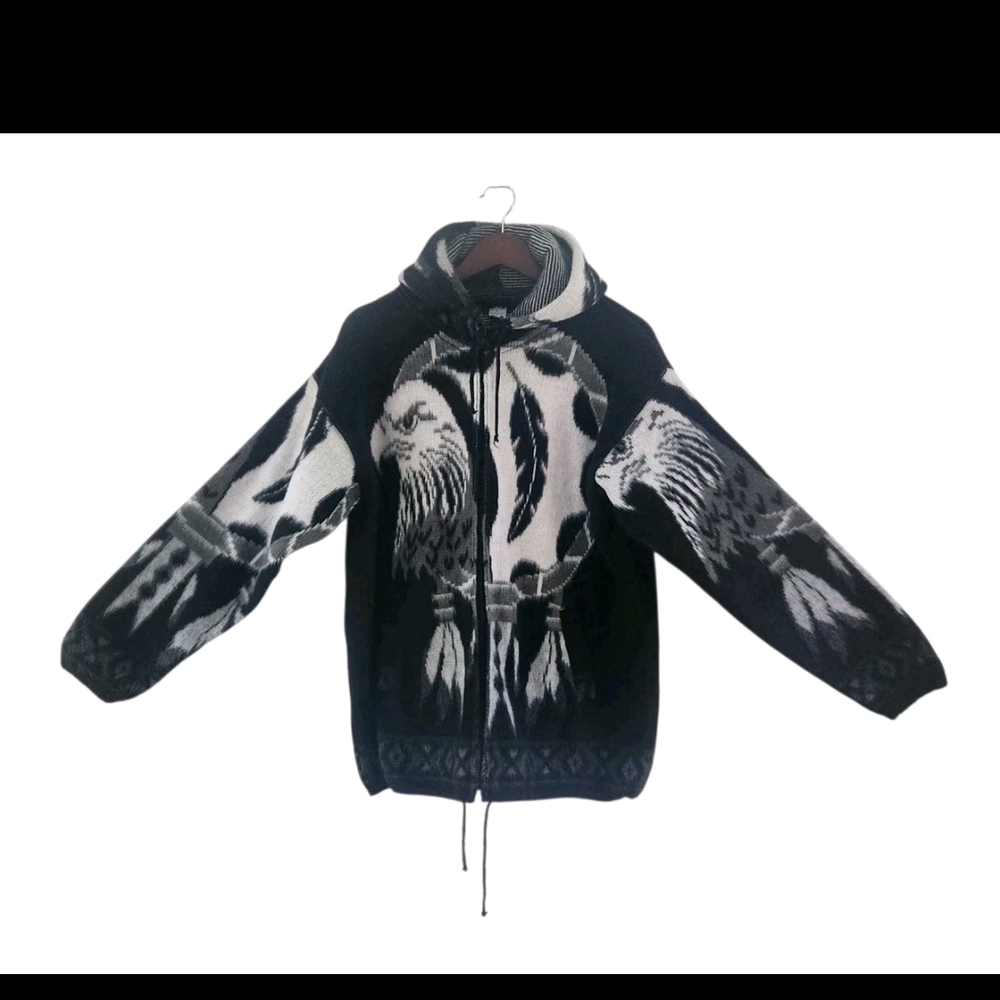 Artesanias Tuntaquimba Wool Hooded Eagle Jacket Black Gray Made Ecuador Mens L